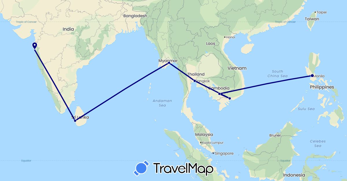 TravelMap itinerary: driving in India, Cambodia, Sri Lanka, Myanmar (Burma), Philippines, Thailand, Vietnam (Asia)